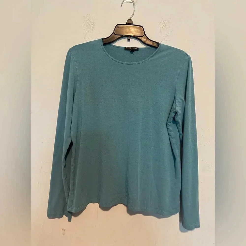 Eileen Fisher Womens Blue Jersey Long Sleeve Pullover Top Sz PL